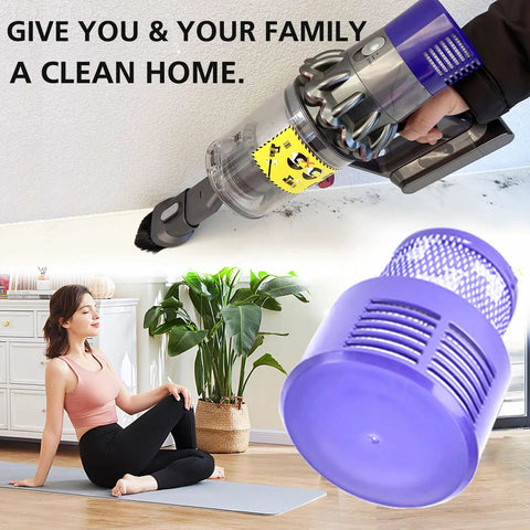 Close-up of Dyson vacuum usage and filter from 2 Pack Dyson V10 Replacement Filters With 1 Cleaning Brush For V10 Cyclone Series