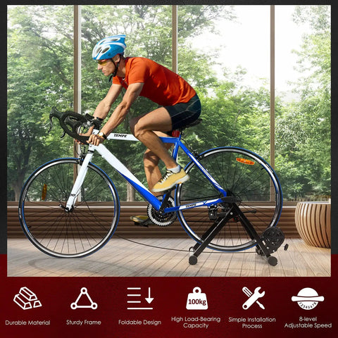Cyclist using Magnetic Bike Trainer Stand For Indoor Cycling And Home Gym Use Foldable Stationary Bicycle Roller With Dual Lock System