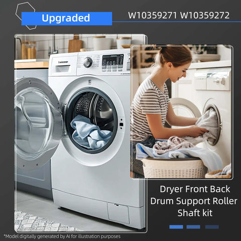 Tough As Nails Dryer Drum Support Roller Shaft Kit With Upgraded Front And Back Rollers in a home laundry setting.