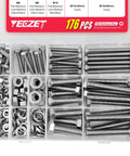 176 Piece Heavy Duty Bolts and Nuts Set in 304 Stainless Steel M6 M8 M10 Includes 8 Most Common Sizes for DIYers and Auto Pros Built To Last Hex Bolts and Nuts Kit displayed in an organized compartment case.