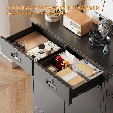 Top view of Heavy Duty Steel Storage Cabinet with locking drawers open, showing storage for tools and papers in home office.