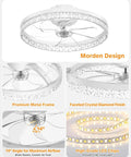 20 Inch Low Profile Fandelier With Integrated Light And Smart App Control, Modern Ceiling Fan With Remote, Six Speed Adjustments. Close-up of premium metal frame and faceted crystal finish.
