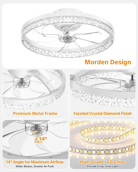 20 Inch Low Profile Fandelier With Integrated Light And Smart App Control, Modern Ceiling Fan With Remote, Six Speed Adjustments. Close-up of premium metal frame and faceted crystal finish.