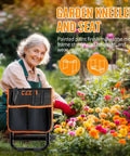 Garden Kneeler And Seat With Wider Thick Pad, heavy duty stool with tool pouch in use by senior woman, colorful flowers around