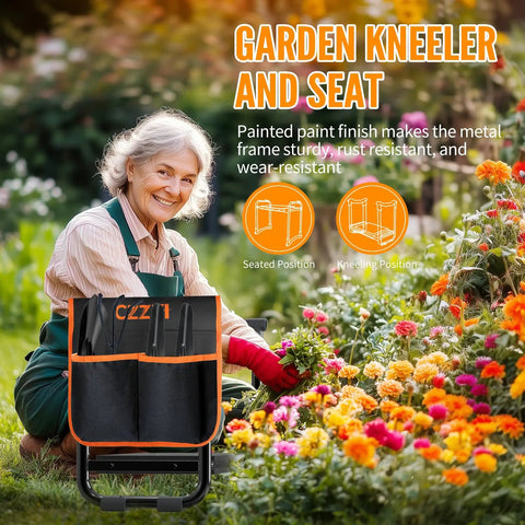 Garden Kneeler And Seat With Wider Thick Pad, heavy duty stool with tool pouch in use by senior woman, colorful flowers around