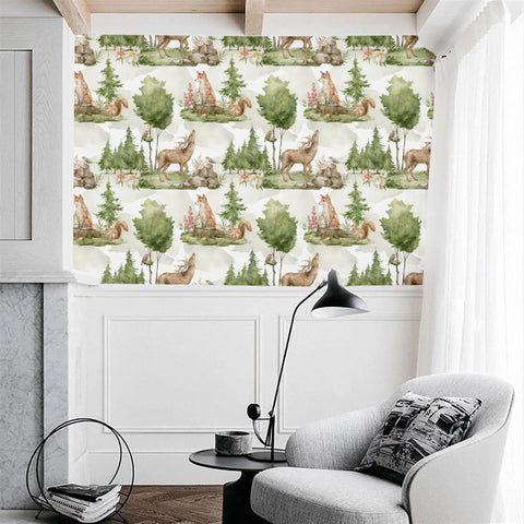 Peel And Stick Wallpaper With Cute Animals In A Green Forest Self Adhesive Wall Mural Matte Finish Repositionable And Durable