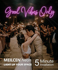 Wedding couple under pink neon sign reading 'Good Vibes Only', surrounded by sparklers. Pink Neon Sign With Dimmable LED Lights For Bedroom And Bar Decor Huge 56.57 Inch Wall Art That Sets Cozy Vibes For Home Parties Clubs And Nightlife Ambient Glow For Chill Vibes.