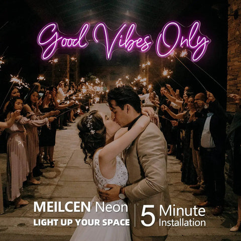 Wedding couple under pink neon sign reading 'Good Vibes Only', surrounded by sparklers. Pink Neon Sign With Dimmable LED Lights For Bedroom And Bar Decor Huge 56.57 Inch Wall Art That Sets Cozy Vibes For Home Parties Clubs And Nightlife Ambient Glow For Chill Vibes.