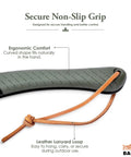 Close-up of the ergonomic grip and leather lanyard loop on a 7.5 Inch Folding Saw for Bushcraft, Camping, and Trail Maintenance.