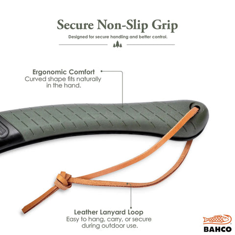 Close-up of the ergonomic grip and leather lanyard loop on a 7.5 Inch Folding Saw for Bushcraft, Camping, and Trail Maintenance.