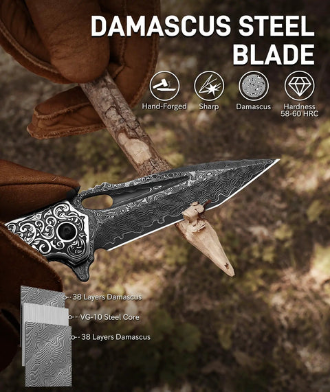 Damascus Pocket Knife 76-Layer Blade VG-10 Core Folding Knife for Camping and Outdoor Adventures in action, carving wood.