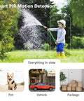 Solar Powered Wireless Outdoor Security Camera With 355 Degree Pan Tilt detects motion of child with hose, pet, vehicle, packages