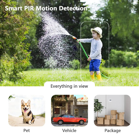 Solar Powered Wireless Outdoor Security Camera With 355 Degree Pan Tilt detects motion of child with hose, pet, vehicle, packages