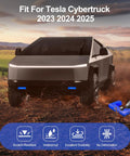 Tesla Cybertruck showcasing tow hook covers; 2023 2024 2025 models with blue weatherproof durable caps for hitch.