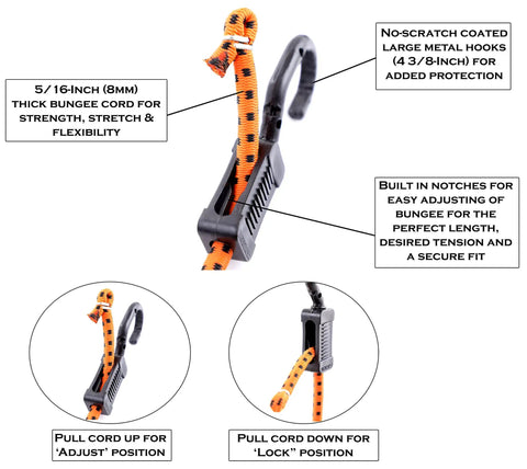 All-Purpose Adjustable Bungee Cords With Hooks 24 Inch Orange and Black 10 Count Dial In The Tension And Length From 24 Inches To 10 Inches For Securing Straps Cords Tarps And More
