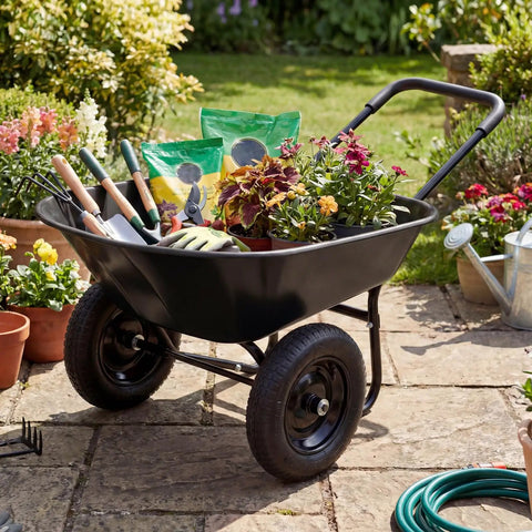 Dual Wheel Wheelbarrow With 14 Inch Pneumatic Tires 330 Lb Capacity Heavy Duty Workhorse Garden Cart in garden setting