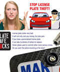 Woman showing frustration beside image of car and thief, text promoting Anti Theft Stainless Steel License Plate Screws Set For Cars And Trucks Tamper Resistant Security Machine Screws Quarter Inch M6 Bolts 8 Pack To Protect Your License Plates From Theft And Vandalism.