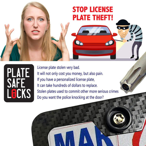 Woman showing frustration beside image of car and thief, text promoting Anti Theft Stainless Steel License Plate Screws Set For Cars And Trucks Tamper Resistant Security Machine Screws Quarter Inch M6 Bolts 8 Pack To Protect Your License Plates From Theft And Vandalism.