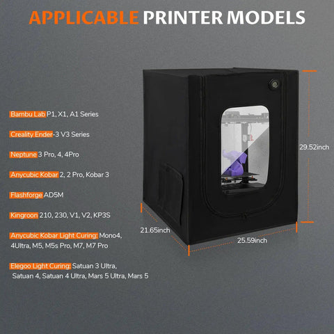 Controlled 3D Printer Enclosure With Built In Ventilation And LED Lighting For Warp Free Prints Keeps Temperatures Steady And No Fuss Setup, black enclosure dimensions visible with applicable printer models listed on the side.