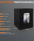 Versatile 3D Printer Enclosure Tent With Ventilation And LED Lighting fitting multiple printer models, shown with dimensions