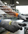 Worker wearing Level 5 Cut Resistant Work Gloves Cru553 With 3D Comfort Fit, handling sheet metal with A5 cut protection.