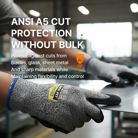 Worker wearing Level 5 Cut Resistant Work Gloves Cru553 With 3D Comfort Fit, handling sheet metal with A5 cut protection.