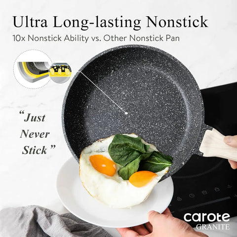 Eight Inch Nonstick Granite Frying Pan With Eco Safe Pfoa And Pfos Free Coating For Healthier Everyday Cooking pouring eggs onto plate.