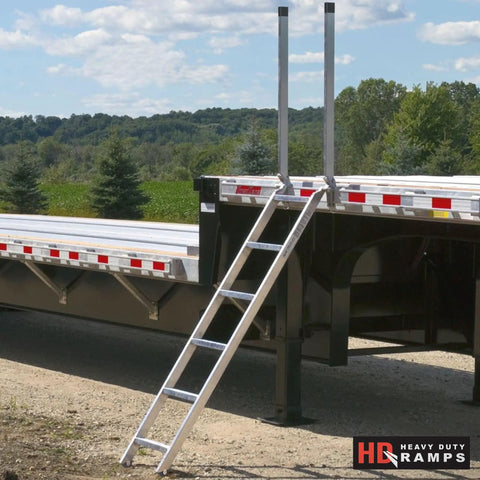 Heavy Duty Aluminum Truck Step Deck Ladder For 54 To 66 Inch Trailer Beds, 72 Inch Long Yet Lightweight At About 20 Pounds, 375 Pound Capacity, Folds Upright For Easy Storage On Jobsites attached to trailer bed