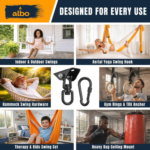 Heavy Duty Ceiling Mount Swing Hangers Two Pack With 360 Degree Swivel Carabiners 2650 Lbs Capacity Solid Steel Construction for versatile use.