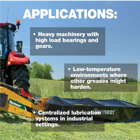 Applications for Performance Lithium EP0 Grease for Disc Mowers and Gear Boxes on farm machinery in a field.