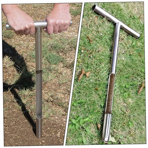 Stainless Steel Soil Sample Probe Tool With T Handle For Easy Field Soil Sampling shown in use and on grassy ground
