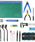 YEETIN 45-piece 3D printer toolkit with blue tools, digital caliper, deburring tool, art knife set, storage bag.