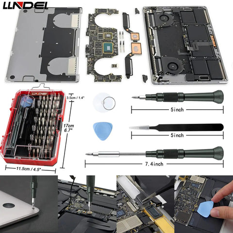 47 In 1 Precision Electronics Screwdriver Set with 42 bits, tweezers, and extension rod shown with electronic components and dimensions