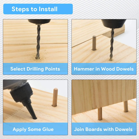Steps to install using Fluted Wood Dowels Kit 225 Pcs Hardwood Dowel Pins Set For Woodworking And DIY Projects, Furniture Repair, Cabinet Making, Eight Size Dowel Set With 1/4 x 1-3/16, 1/4 x 1-1/2, 1/4 x 2, 5/16 x 1-3/16, 5/16 x 1-1/2, 5/16 x 2, 3/8 x 1-1/2, 3/8 x 2