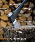 36 Inch Heavy Duty Wood Splitting Axe With Shock Absorbing Handle And Forged Steel Blade For Medium To Large Logs, One-Swing Firewood Split, Bushcraft And Camping Gear shown on a log with text annotations highlighting features.
