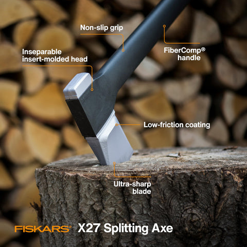 36 Inch Heavy Duty Wood Splitting Axe With Shock Absorbing Handle And Forged Steel Blade For Medium To Large Logs, One-Swing Firewood Split, Bushcraft And Camping Gear shown on a log with text annotations highlighting features.