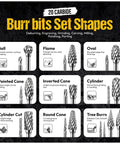20-piece carbide burr set with 1/8 in shank, showing ball, flame, oval, and cone burrs for metalworking