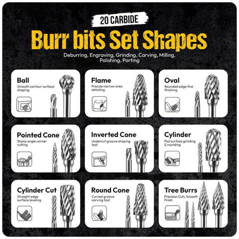 20-piece carbide burr set with 1/8 in shank, showing ball, flame, oval, and cone burrs for metalworking