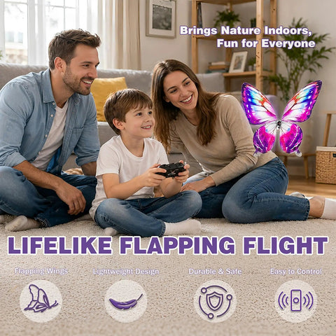 Family playing with Flying RC Butterfly Drone With LED Light And Realistic Bionic Wing Flap Motion, sensor assisted control