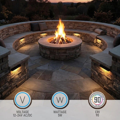 Outdoor seating area with Easy Install 7 Inch LED Hardscape Light With 5CCT Adjustable Output, low voltage paver light on stone seating