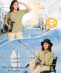 Woman wearing Womens Hiking Shirt Quick Dry UPF 50 Plus Long Sleeve Button Down for outdoor activities, khaki, large.