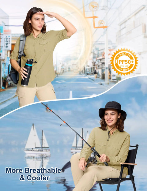 Woman wearing Womens Hiking Shirt Quick Dry UPF 50 Plus Long Sleeve Button Down for outdoor activities, khaki, large.