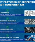 Key features of Beefy AC Belt Tensioner Kit For GM Trucks And SUVs with V8 Engines showing all-in-one kit, materials, precision, testing