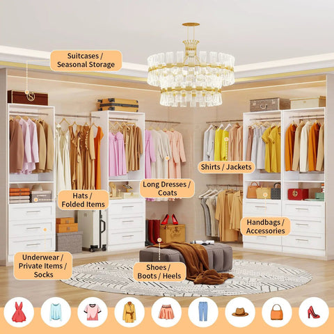Roomy Walk In Closet Organizer System With Twelve Sturdy Drawers And Open Shelving Units, Freestanding Modular Wardrobe Rack showcasing various clothing and accessory storage.
