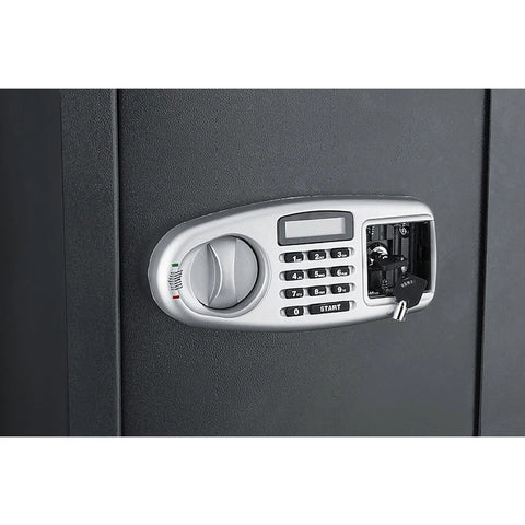 Close-up of Fireproof Home Safe With Electronic Lockbox And Keypad, Includes Two Keys And Interior Shelf For Cash Jewelry Documents And More