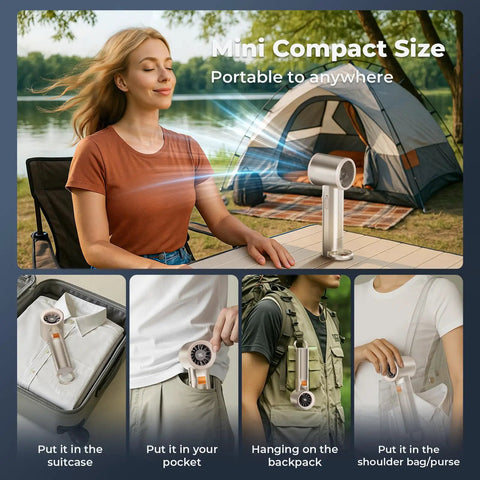 On The Go Turbo Handheld Fan For Outdoor Adventures With 5000mAh Battery shown in various travel scenarios