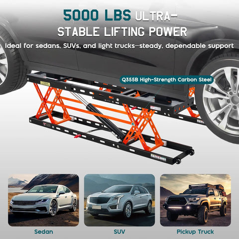 Heavy Duty Portable Car Lift For Home Garage Shop With Hella Tough Carbon Steel Construction And Dual Safety Locks Easily Raises Sedans And Light Trucks Up To Five Thousand Pounds Smoothly with Q355B steel.
