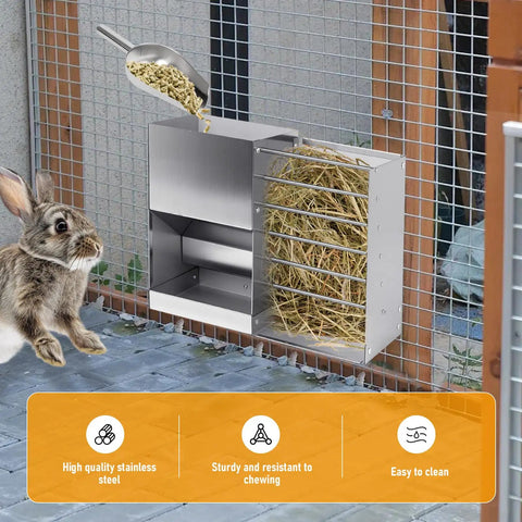 Top Notch Bunny Hopper And Premium Hay Holder For Indoor Cages Featuring Leak Proof Storage And Effortless Scrub Down Routine That Keeps Your Little Guys Properly Fed Without Any Fuss, stainless steel feeder with hay.