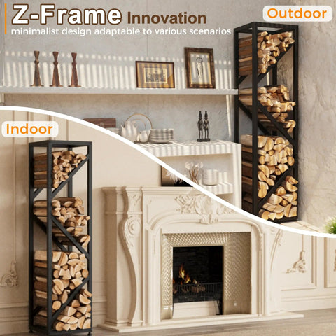 4 Tier Indoor Firewood Rack 47 Inch Tall Heavy Duty Log Holder For Fireplace Minimalist Black Design in living room