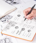 Hand using metal mechanical pencil for drawing in a sketchbook, visible sketches and erasers, Metal Mechanical Pencil Set With Case For Drawing And Sketching, Six Pencils In 0.5, 0.7, 0.9, And 2.0mm, Lead Holders, Twenty Refills 6B 4B 2B HB 2H 4H, Erasers, Sharpener, Kneaded Eraser, For Artists And Doodlers.